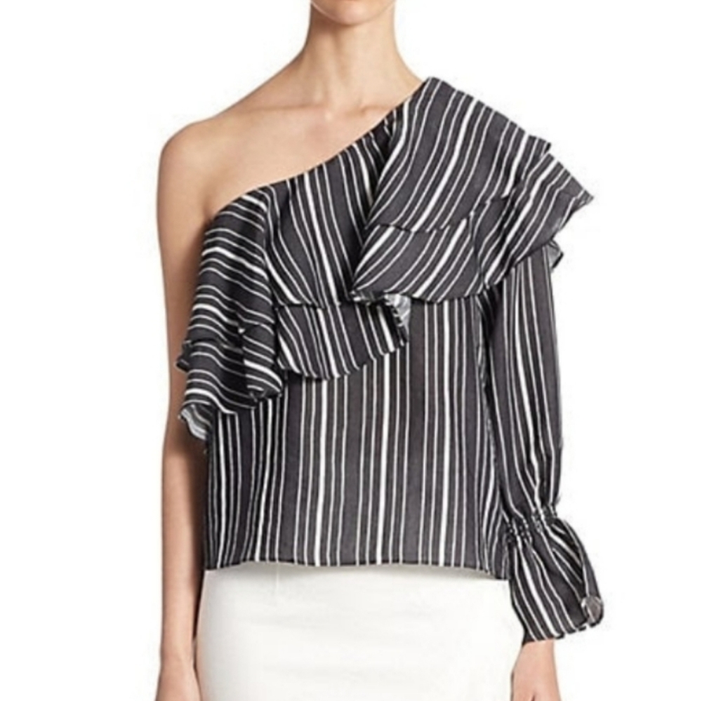 Black and White Striped One-Shoulder Top - Picture 2 of 3